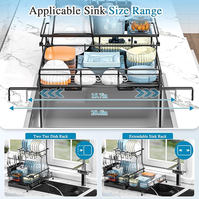 2 Tier Dish Drying Rack, Large Extendable Dish Racks - Image 5