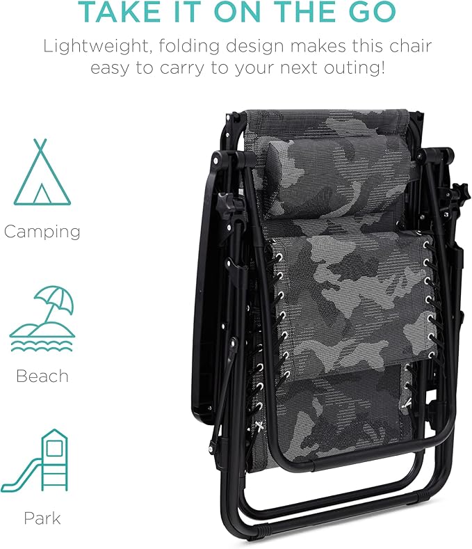 Best Choice Products Folding Zero Gravity Outdoor Recliner Patio Lounge Chair w/Adjustable Canopy Shade, Headrest, Side Accessory Tray, Textilene Mesh - Camouflage - Image 8