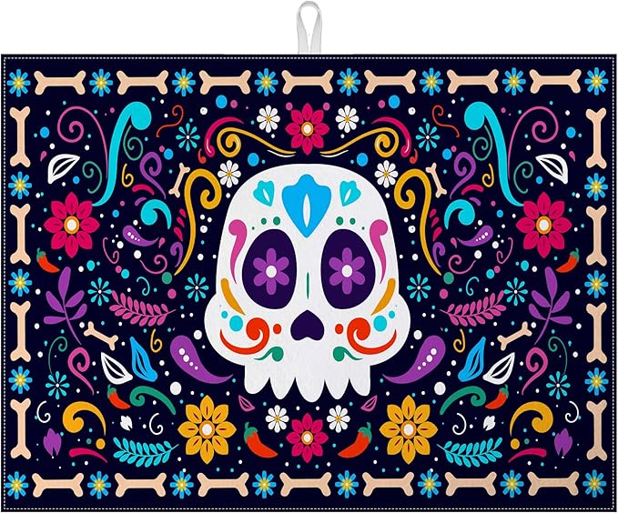 Sugar Skull Dish Drying Mat for Kitchen Counter Microfiber Absorbent Dish Day by VisittheDuibelproduct