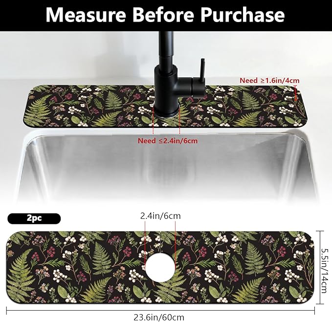 2 Pcs Kitchen Sink Splash Guard Faucet Mats Vintage Fern and Berries Pattern - Image 2