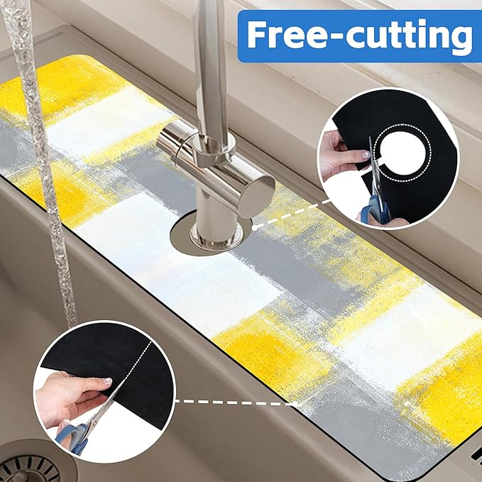 Grey and Yellow Abstract Kitchen Sink Splash Guard Mat Absorbent Fast Drying - Image 7