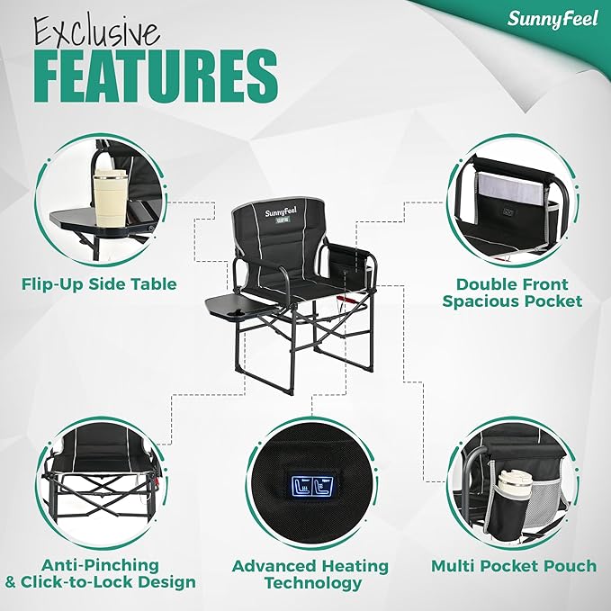 SUNNYFEEL Heated Camping Directors Chair, Heavy Duty,Oversized Outdoor Portable Heating Folding Chair with Side Table, Pocket for Beach, Fishing,Trip,Picnic,Lawn,Concert Foldable Camp Chairs - Image 6