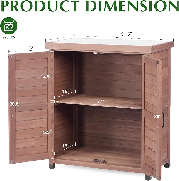 Outdoor Storage Cabinet & Potting Bench Table with Metal Top, Wooden Patio Furniture, Garden Workstation (Royal Brown, 36x31x17in) - Image 4