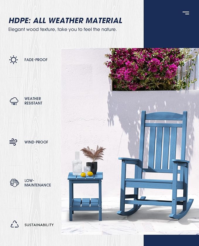 KINGYES HDPE Rocking Chairs Outdoor, Patio Rocking Chairs with 330lbs Support, Smooth Porch Rocker for Deck Lawn Yard, Navy - Image 8