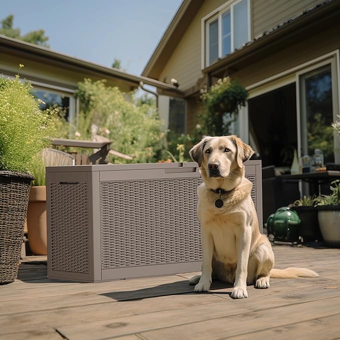 ROJIK Outdoor Storage Housing Deck Box - Waterproof Patio Furniture, Garden Tools, Cushions, Pool Accessories Storage Bench with Lockable Lid and Side Handles (Grey 110 Gal) - Image 6