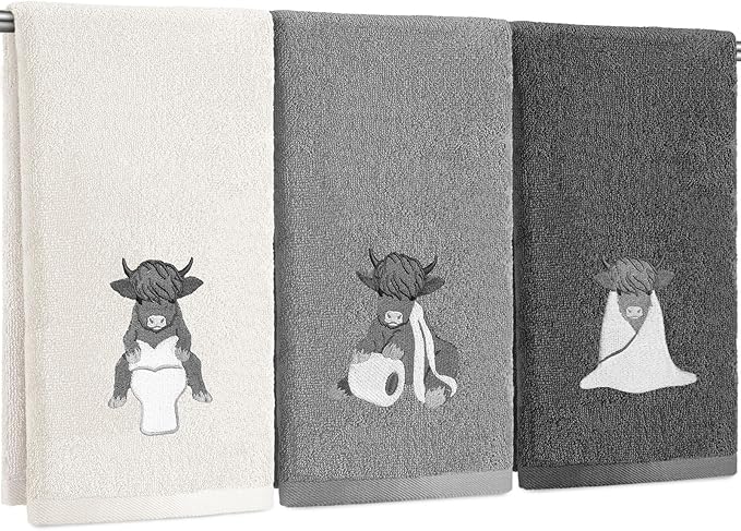 3 Pcs Highland Cow Hand Towels Bathroom Decor Highland Cow White and Gray by Unknown