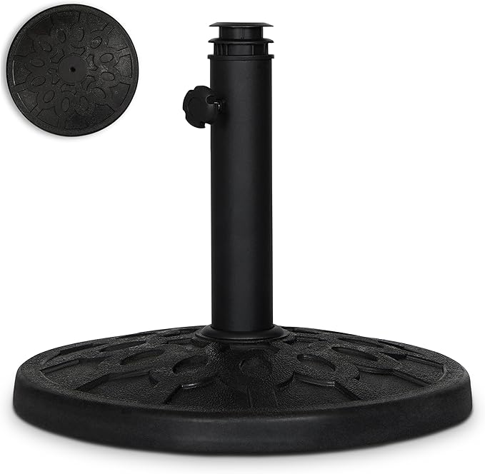 Backyard Expressions 20 lb Round Patio Umbrella Base – Heavy Duty Resin-Coated Calcium Carbonate Stand with Adjustable Pole Adapters Fits 1.5"–2" Poles, Weather-Resistant, Black Finish by BackyardExpressions