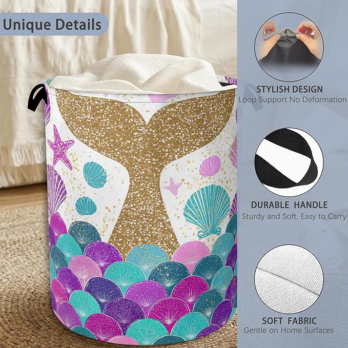 Fish Scales Laundry Basket, Mermaids Seashell Foldable Oxford Cloth Tote Bag - Image 3