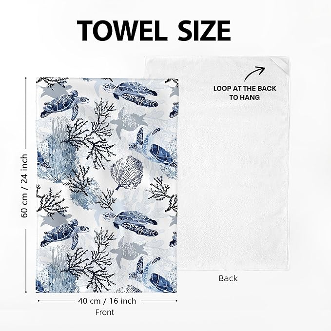 Blue Nautical Seahorse Corals Sea Turtle Kitchen Dish Towels Decorative Set of 4 - Image 2