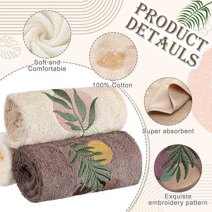 3 Pack Boho Leaves Hand Towels for Bathroom 100% Cotton Embroidered Bathroom - Image 3