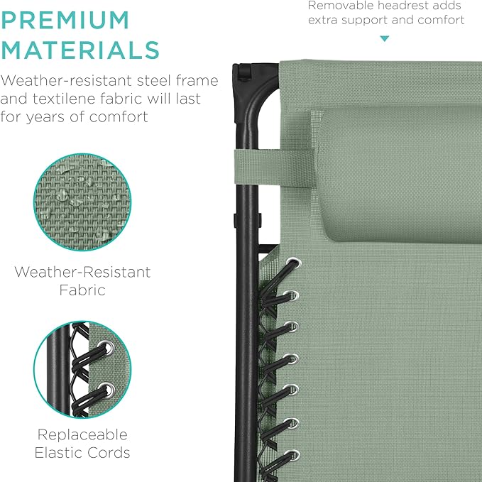 Best Choice Products 30” Wide Folding Zero Gravity Outdoor Recliner Patio Lounge Chair w/Adjustable Canopy Shade, Headrest, Side Accessory Tray - Sage Green - Image 7