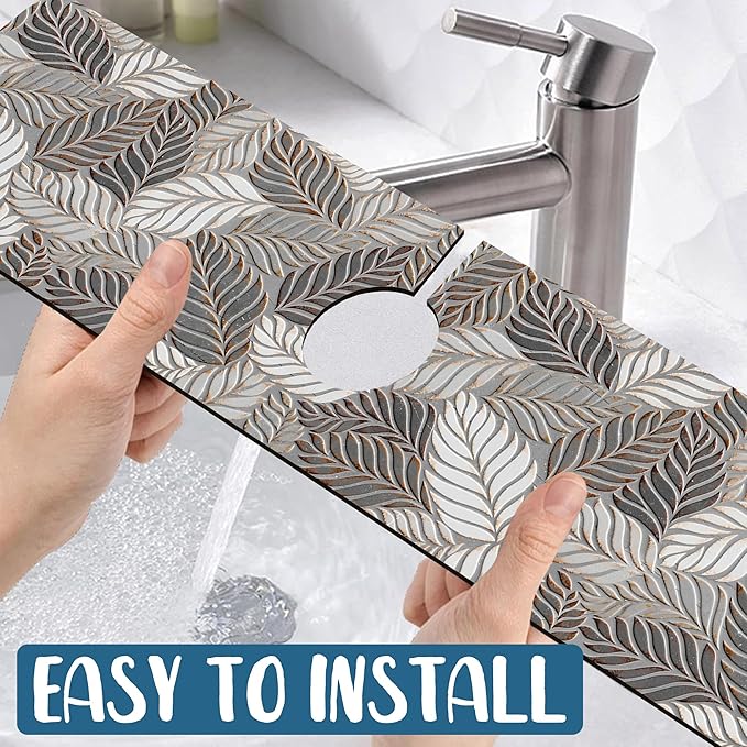 Embossed Leaf Texture Sink Faucet Absorbing Mat Grey Leaf Super Absorbent Fast - Image 5