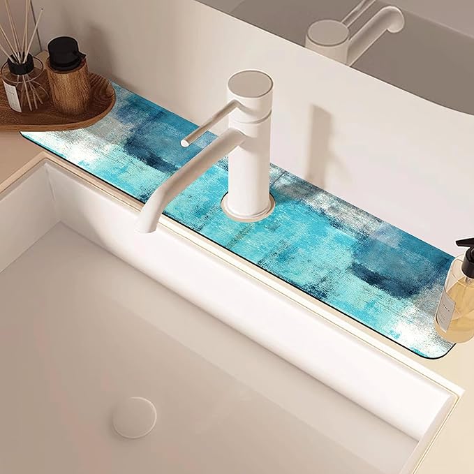 Kitchen Sink Splash Guard Faucet Mat Abstract Teal and Grey Geometric Absorbent - Image 2