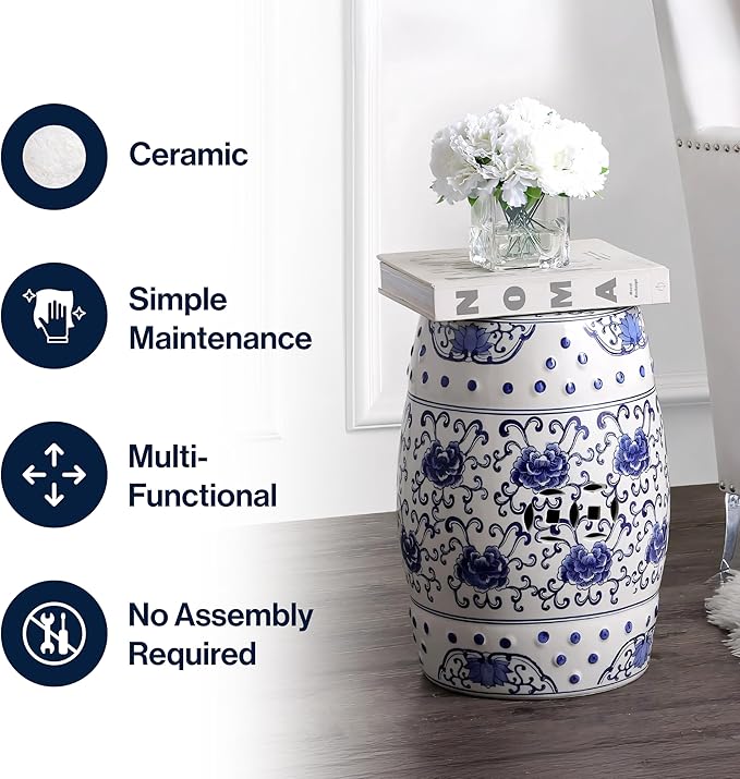 JONATHAN Y TBL1000A Lotus Flower 17.8" Chinoiserie Ceramic Drum Indoor/Outdoor Garden Stool Bohemian, Coastal, Classic, Cottage, French Country, Traditional, Bathroom, Garden Room, Patio, Blue/White - Image 6