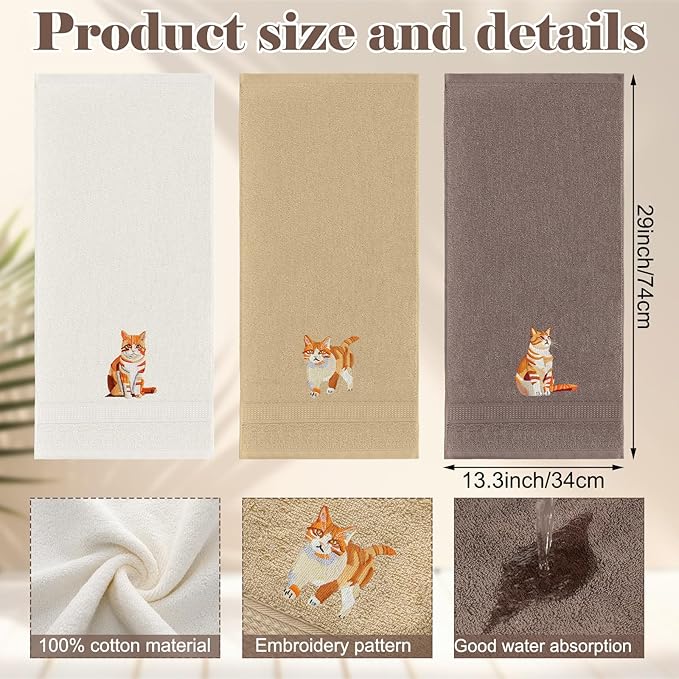 3 Pcs Orange Cat Hand Towels Bathroom Sets Decor Cute Orange Cat Lover Gifts - Image 2