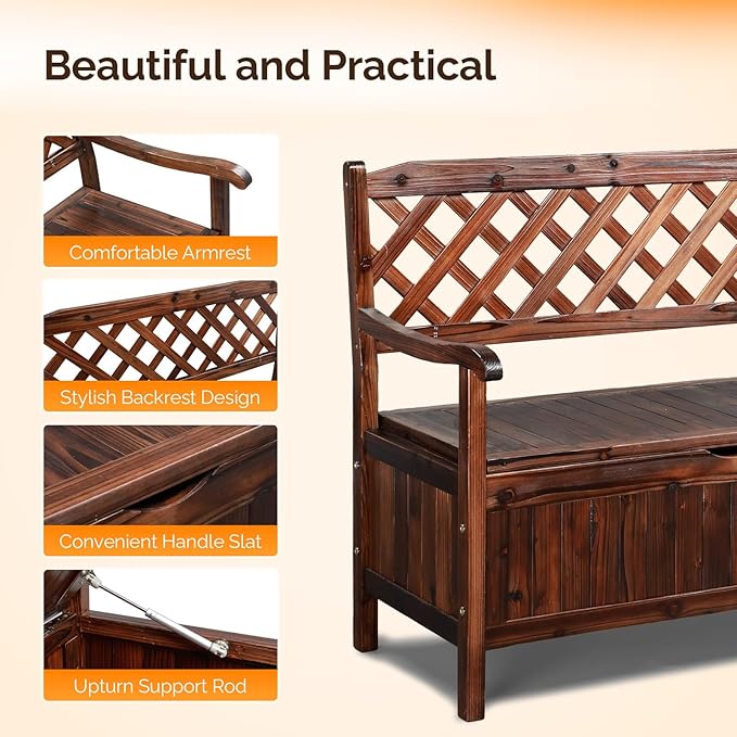 VINGLI Outdoor Storage Bench, Large Wood Deck Box with Seating, Weatherproof Outdoor Bench with Storage Loveseat, 2-Person Wooden Patio Bench for Entryway, Backyard, Garden - Image 4