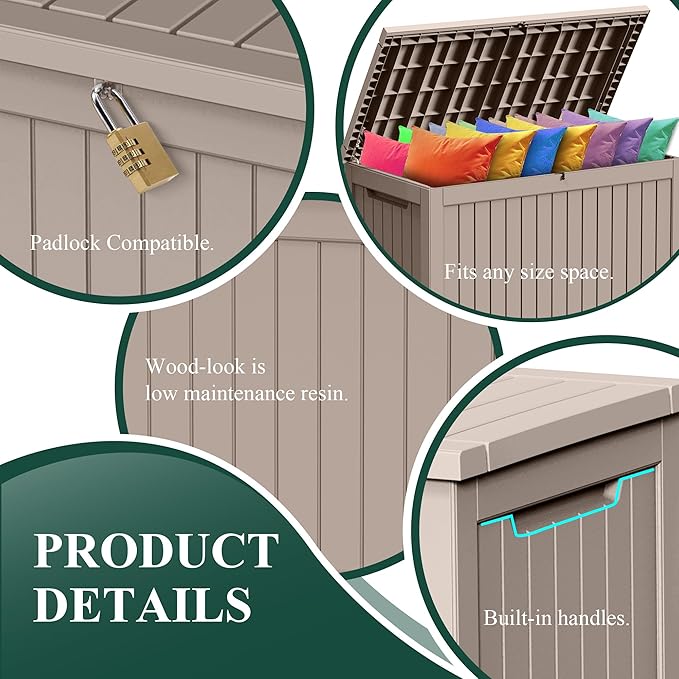 ROJIK Outdoor Storage Housing Deck Box - Waterproof Patio Furniture, Garden Tools, Cushions, Pool Accessories Storage Bench with Lockable Lid and Side Handles (Grey, 275 Gal) - Image 5
