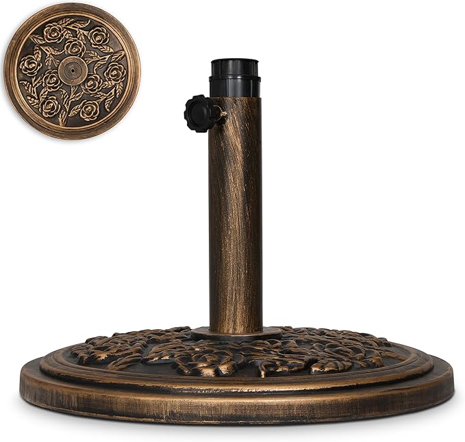 Backyard Expressions 20 lb Patio Umbrella Base Stand, Decorative Rose Medallion Antique Bronze Finish, Fits 1.5–1.9 in Poles w/Adapters, 18 in Round Weighted Outdoor Umbrella Holder for Deck & Table by BackyardExpressions