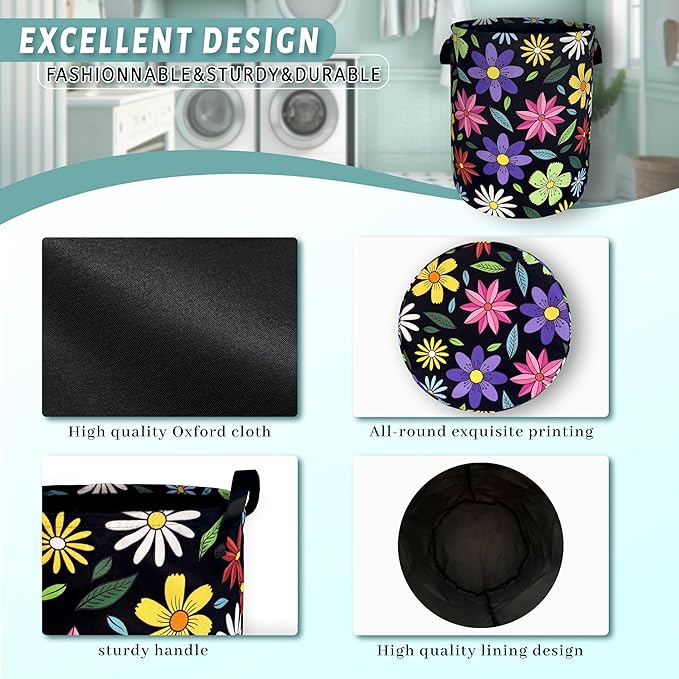 Colorful Hippie Flower Laundry Basket Art Flowers Foldable Funny Laundry Hamper - Image 4