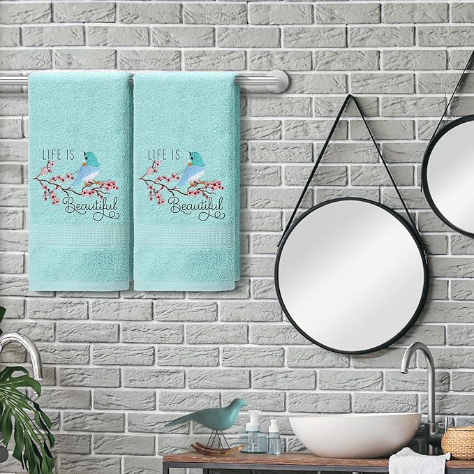 2 Pcs Bird Hand Towels Mint Green Bathroom Decor 14x29 Inch Embroidered 100% - Image 3