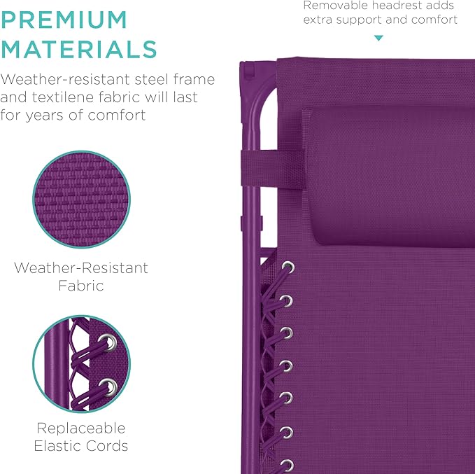 Best Choice Products Folding Zero Gravity Outdoor Recliner Patio Lounge Chair w/Adjustable Canopy Shade, Headrest, Side Accessory Tray, Textilene Mesh - Amethyst - Image 5