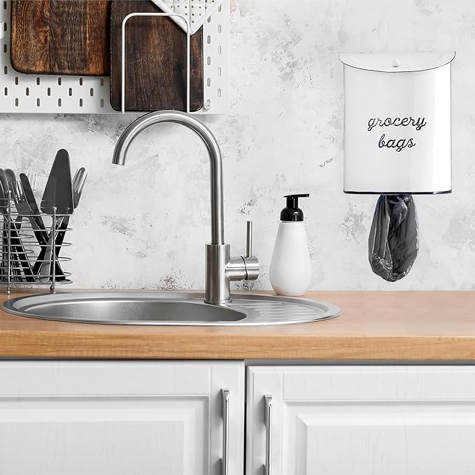 AuldHome Design Rustic Grocery Bag Holder; Wall-Mounted Vintage Enamelware - Image 9