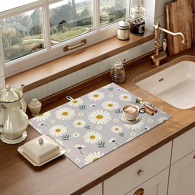 White Daisy Flowers Dish Drying Mat - Image 6
