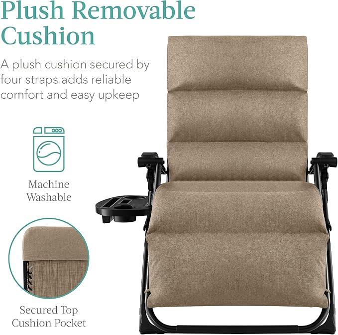 Best Choice Products Oversized Zero Gravity Chair, Folding Outdoor Patio Recliner, XL Anti Gravity Lounger w/Removable Cushion, Cup Holder, Side Tray, 350lb Capacity - Wheat - Image 4