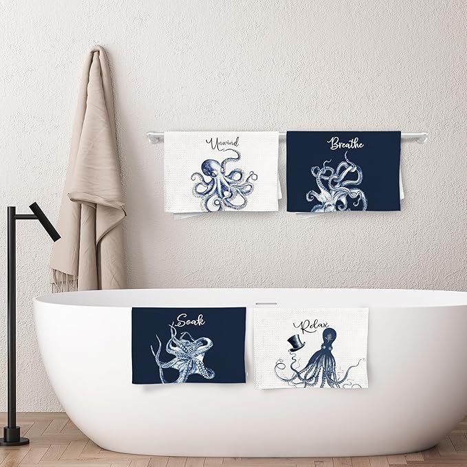 Navy Blue Octopus Coastal Beach Hand Towels, Ocean Octopus Unwind Breathe Relax - Image 6