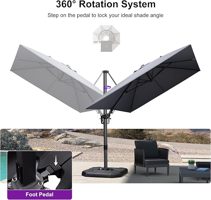 PURPLE LEAF 8.2' X 11.5' Tilting Patio Umbrella with Base Outdoor Cantilever Swivel Rectangle Umbrella Offset Umbrella with 360-degree Rotation for Garden Deck Pool Patio Light Grey - Image 7