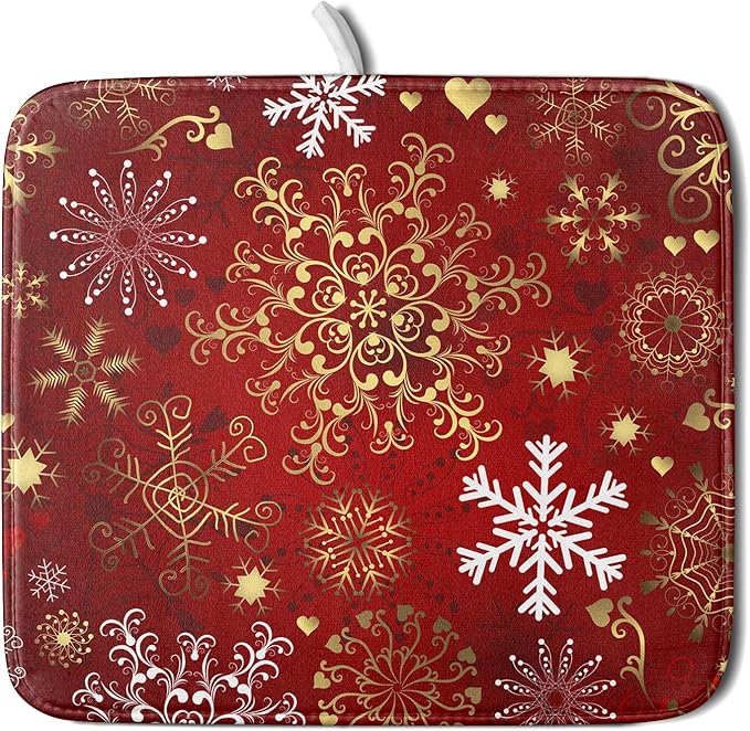 Red Snowflake Dish Drying Mat for Kitchen Counter Holiday Super Absorbent by Unknown