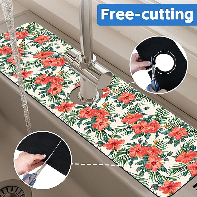 Tropical Leaves and Red Floral Kitchen Sink Splash Guard Mat Absorbent Fast - Image 7