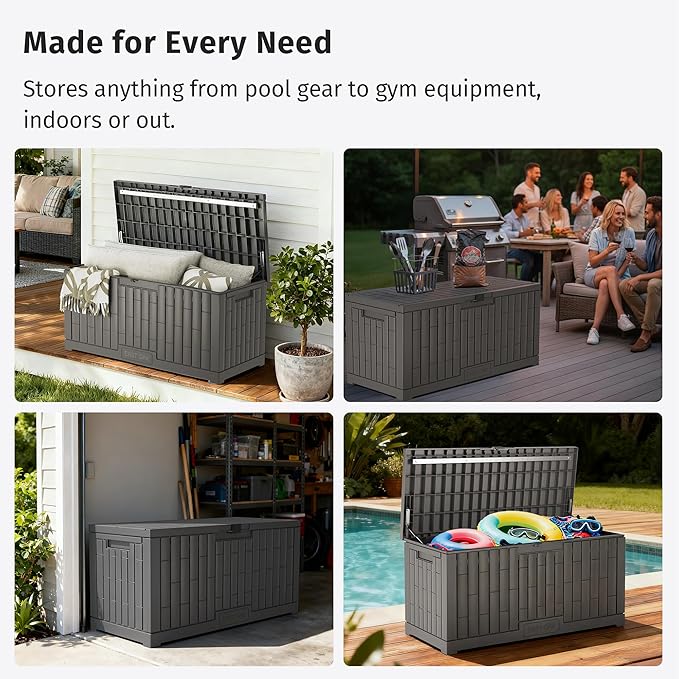 EAST OAK 120 Gallon Outdoor Storage Box | Large Resin Deck Box with Reinforced Stainless Steel Support | Waterproof & UV-Resistant Patio Storage Box for Cushions, Garden Tools & Pool Accessories, Grey - Image 5