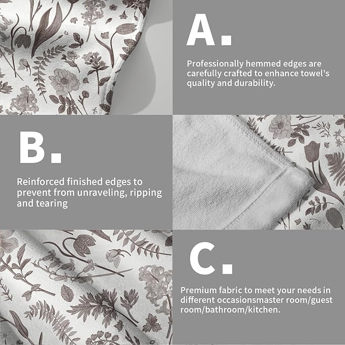 Spring Floral Hand Towels for Bathroom Set of 2 Dark Brown White Flower Leaves - Image 5