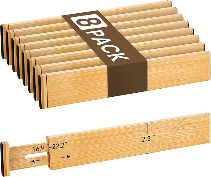 Bamboo Drawer Divider Set of 8, Adjustable Spring-Loaded Drawer Organizer by NCUE