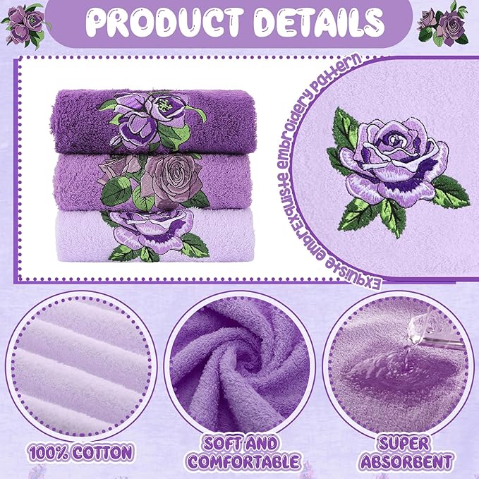 3 Pcs Purple Rose Hand Towels Lavender Purple Bathroom Decor Embroidered Floral - Image 3