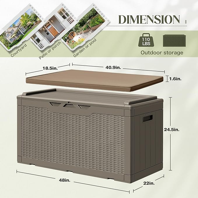 Greesum 100 Gallon Resin Deck Box Large Outdoor Storage with Cushions for Patio Furniture, Garden Tools, Pool Supplies, Weatherproof and UV Resistant, Lockable, Coffee - Image 4