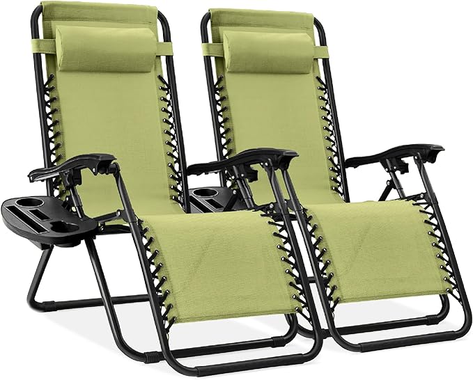 Best Choice Products Set of 2 Adjustable Steel Mesh Zero Gravity Lounge Chair Recliners w/Pillows and Cup Holder Trays - Dusty Green/Black by BestChoiceProducts
