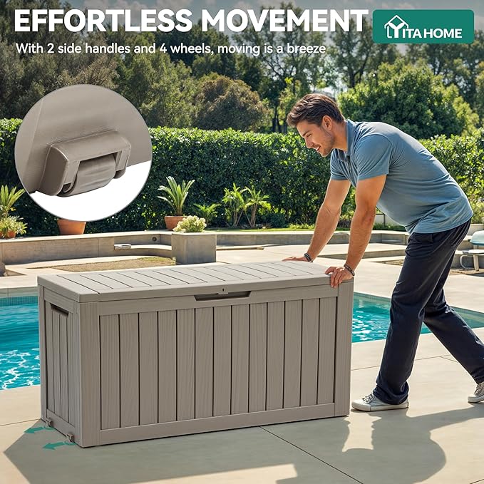 YITAHOME 72 Gallon Outdoor Resin Deck Box with Wheels, Pool Storage Box for Outdoor Cushions, Sports Equipment, Garden Tools, Light Brown - Image 2