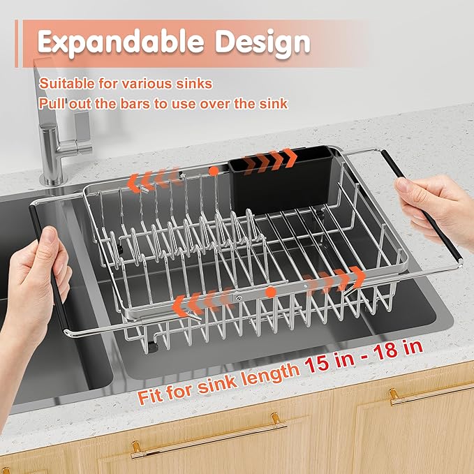Small Expandable Over The Sink Dish Drainer Drying Rack In Stainless Steel Metal - Image 6
