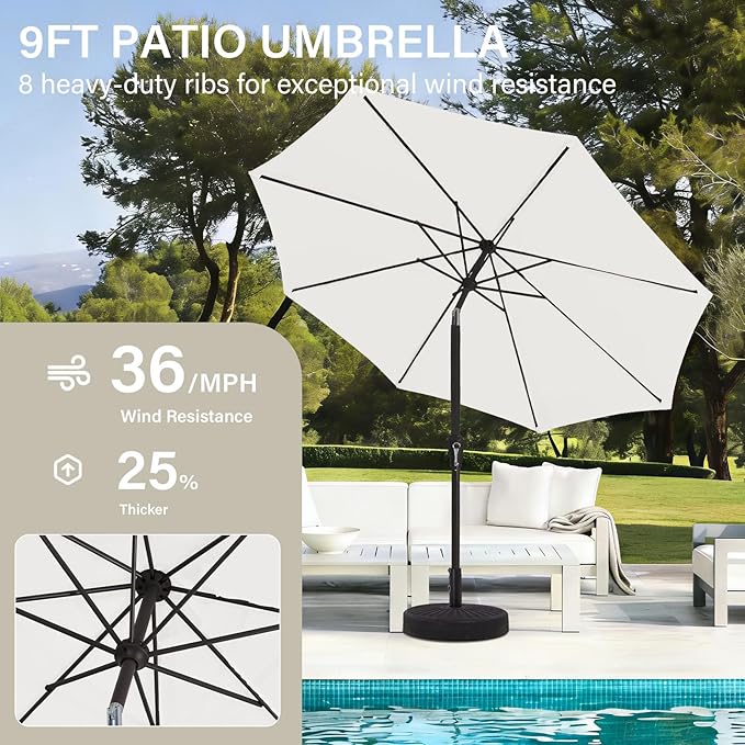 MEWAY 9ft Patio Umbrella Outdoor Table Umbrellas with Push Button Tilt and Crank, Market Umbrella 8 Sturdy Ribs for Deck, Garden, Pool and Backyard, Off-white - Image 5