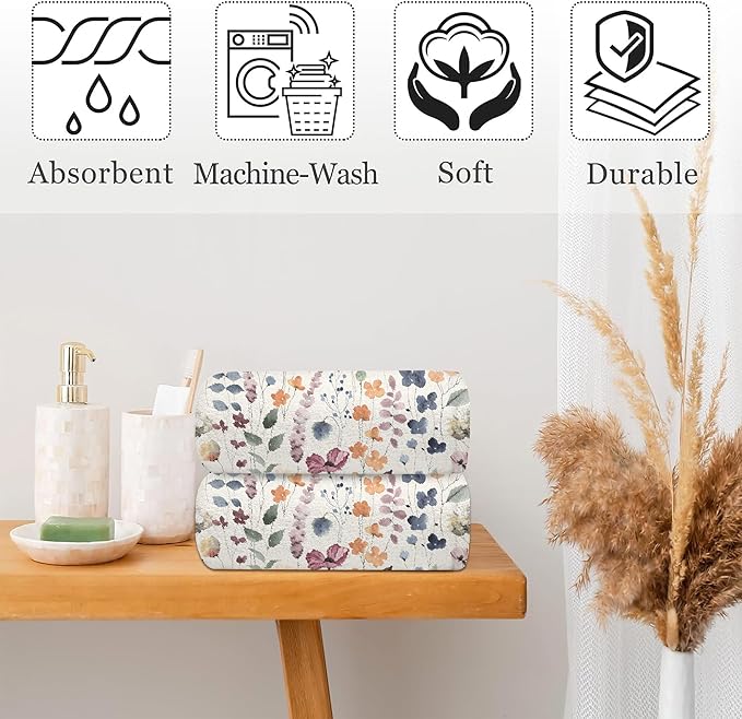 Watercolor Flowers Bathroom Hand Towel Set of 2, Vintage Botanical Floral - Image 4