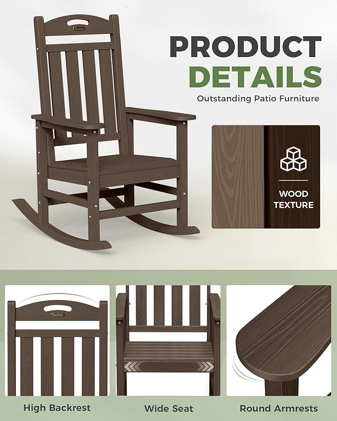Oversized Outdoor Rocking Chair, HDPE All Weather Resistant Rocking Chairs for Patio, High Back Porch Rocker Chair, 380lbs Weight Capacity, Brown - Image 5