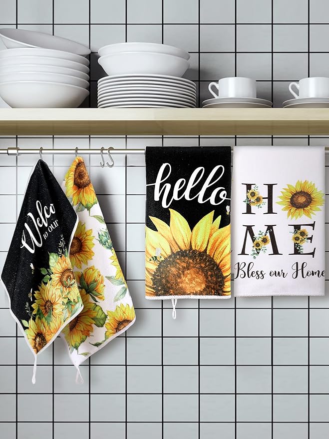 Bencailor 4 Pcs Sunflower Kitchen Towels Welcome to Our Home Hand Dish Towels - Image 2