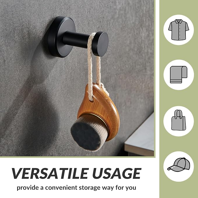 APLusee Matte Black Robe Towel Hook, 304 Stainless Steel Round Coat Hook - Image 5
