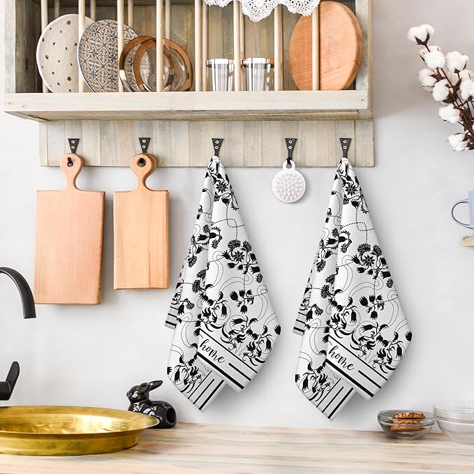 Black Kitchen Towels Decorative Set of 2, Absorbent Boho Floral Dish Towels - Image 3