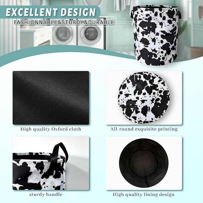Retro Black White Cows Print Laundry Basket Foldable - Image 4