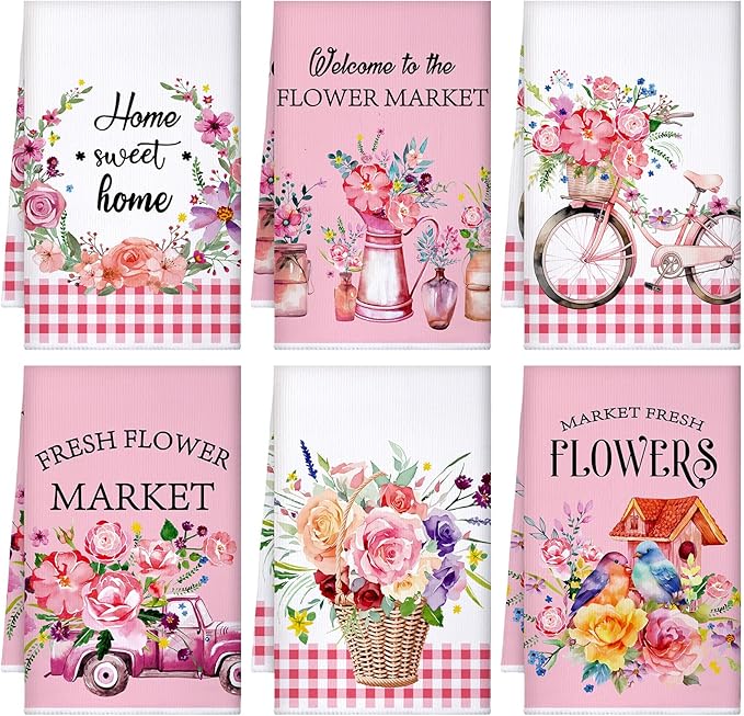 Geyoga 6 Pcs Spring Floral Kitchen Towels Flamingo Dish Hand Towels Sunflower by Geyoga