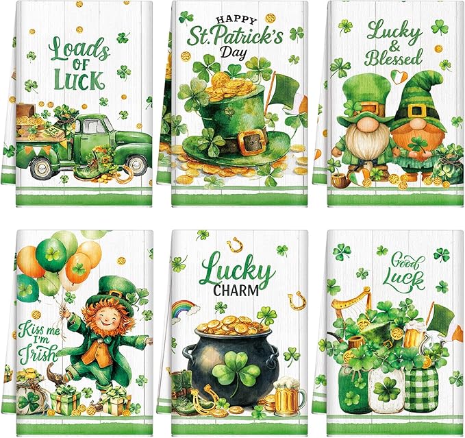 Breling Set of 6 St. Patrick's Day Kitchen Towels Shamrock Green Dish Towel by Breling