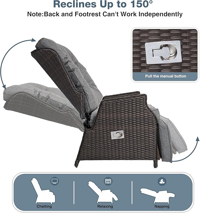 Outdoor Indoor Wicker Recliner with Adjustable Back and Footrest, Patio Reclining Chair with Flip-up Table, Outdoor Rattan Lounge Chair, Grey 2PCS - Image 3